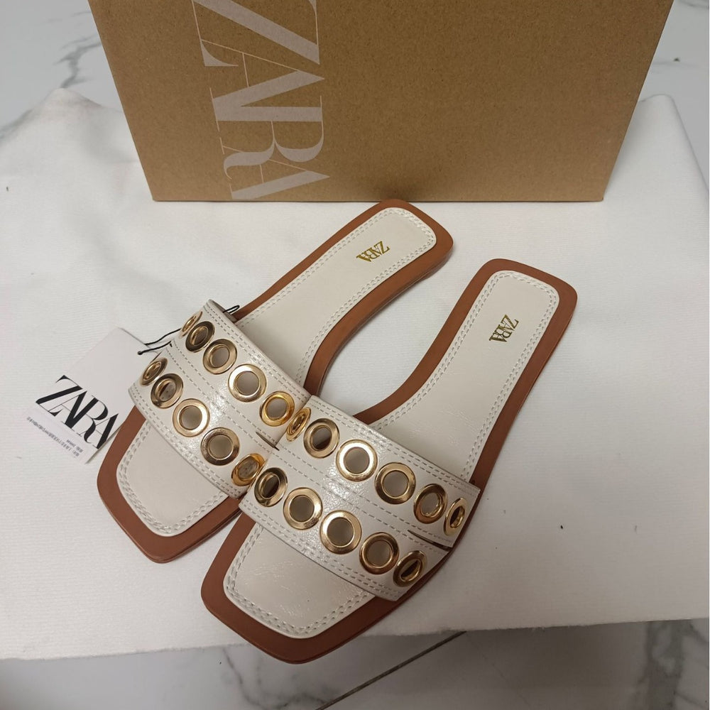 Za2024 spring/summer new women's flat sandals - buckle closure, breathable, round toe, metal buckle fashion flat sandals