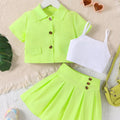 Girls' fashion collared neon outfit - 3-piece set: cami top + collared blouse + skirt set