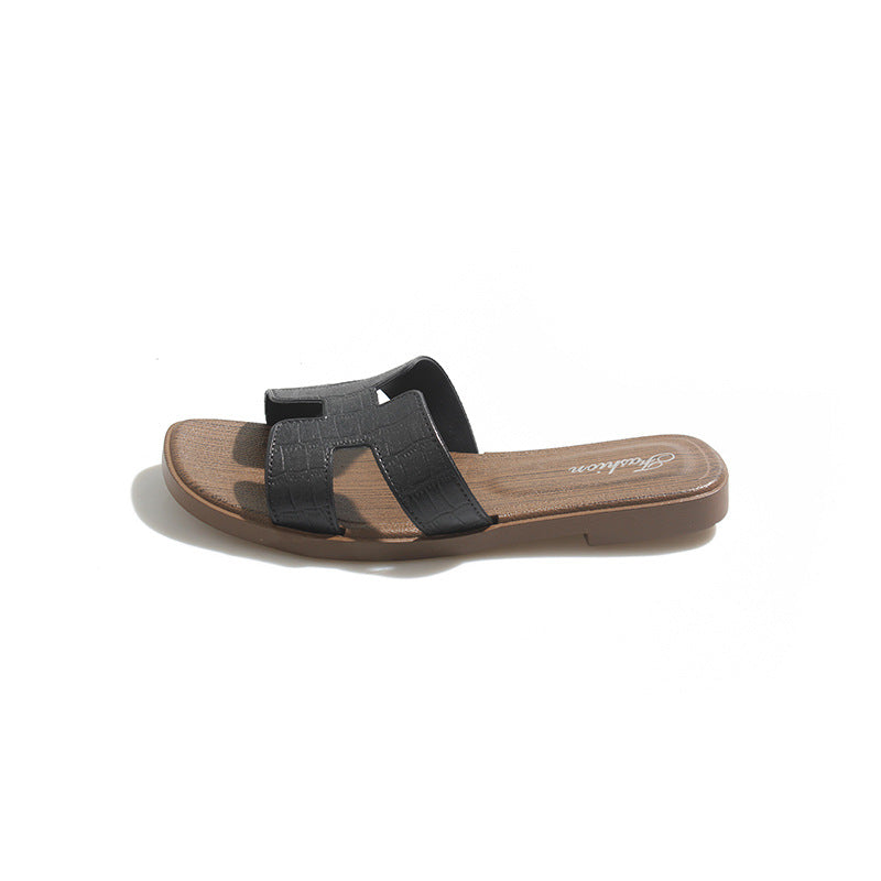 Xiaoxiangfeng sandals women's summer outwear non-slipeasiest for matchfashion imitation wood grain flatsh belt one-line slippers women's export