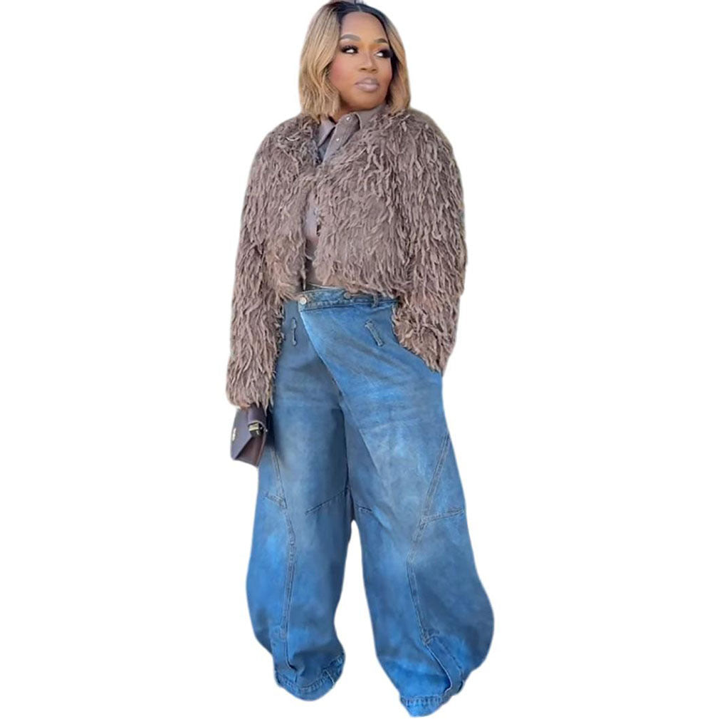 European and american women's wide-leg jeans -  cross-border fashion, vintage distressed wash, reversible straight-leg trousers