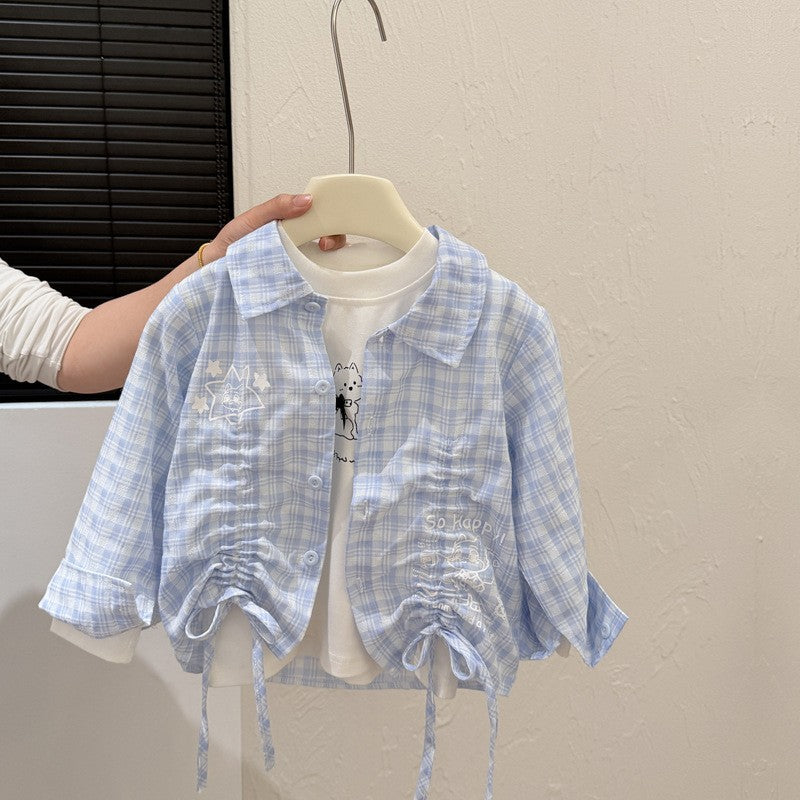 Spring new korean style blue drawstring shirt for girls, casual and fashionable baby girl's clothes, trendy children's apparel