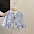 Spring new korean style blue drawstring shirt for girls, casual and fashionable baby girl's clothes, trendy children's apparel