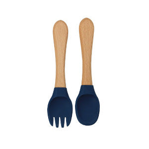 Factory direct sales silicone wooden handle complementary food fork and spoon  baby spoon baby training eating fork and spoon set wholesale