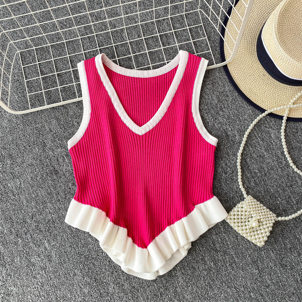 Sweet and spicy girl niche color-block v-neck sleeveless knit tank top for women,  summer new style, ruffle trim, slim fit, figure-flattering top