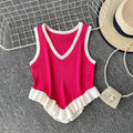 Sweet and spicy girl niche color-block v-neck sleeveless knit tank top for women,  summer new style, ruffle trim, slim fit, figure-flattering top