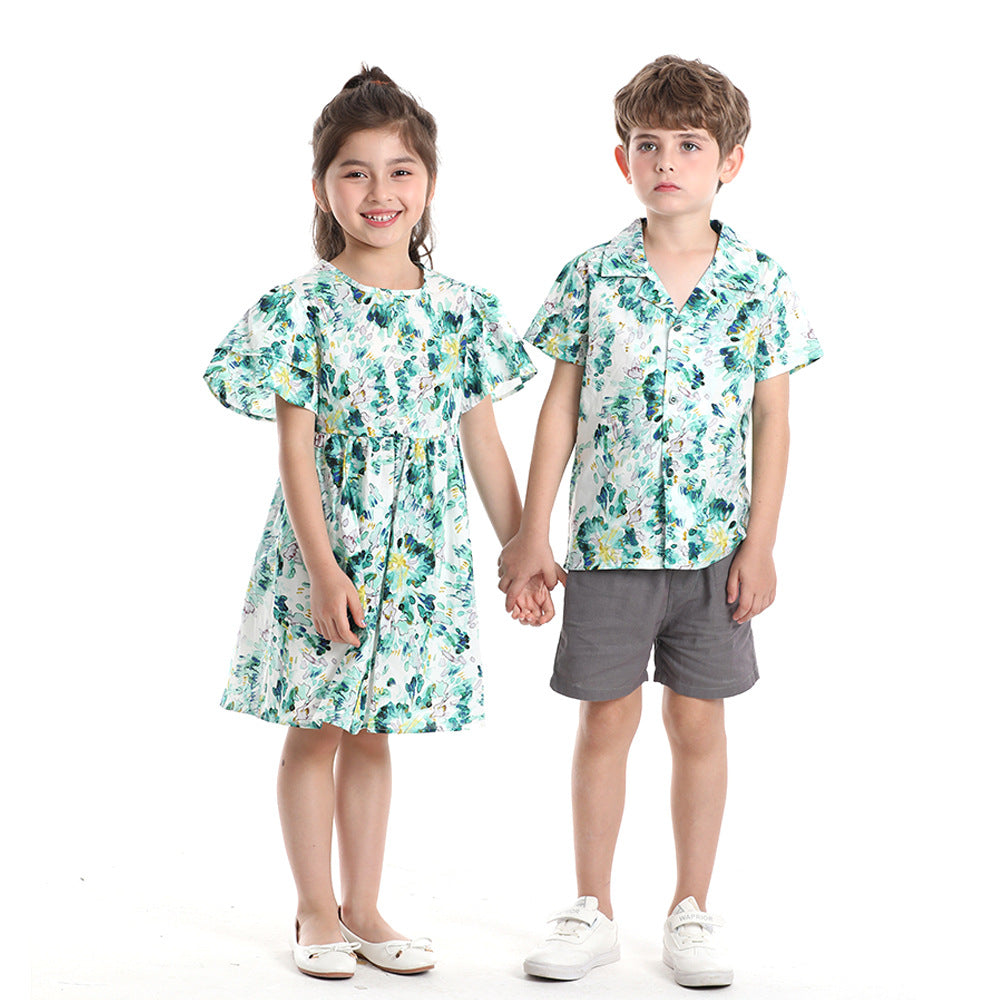 Korean style floral short-sleeve shirt set for kids - cotton casual outfit for boys and girls, matching family sets for siblings