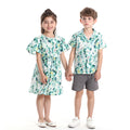 Korean style floral short-sleeve shirt set for kids - cotton casual outfit for boys and girls, matching family sets for siblings