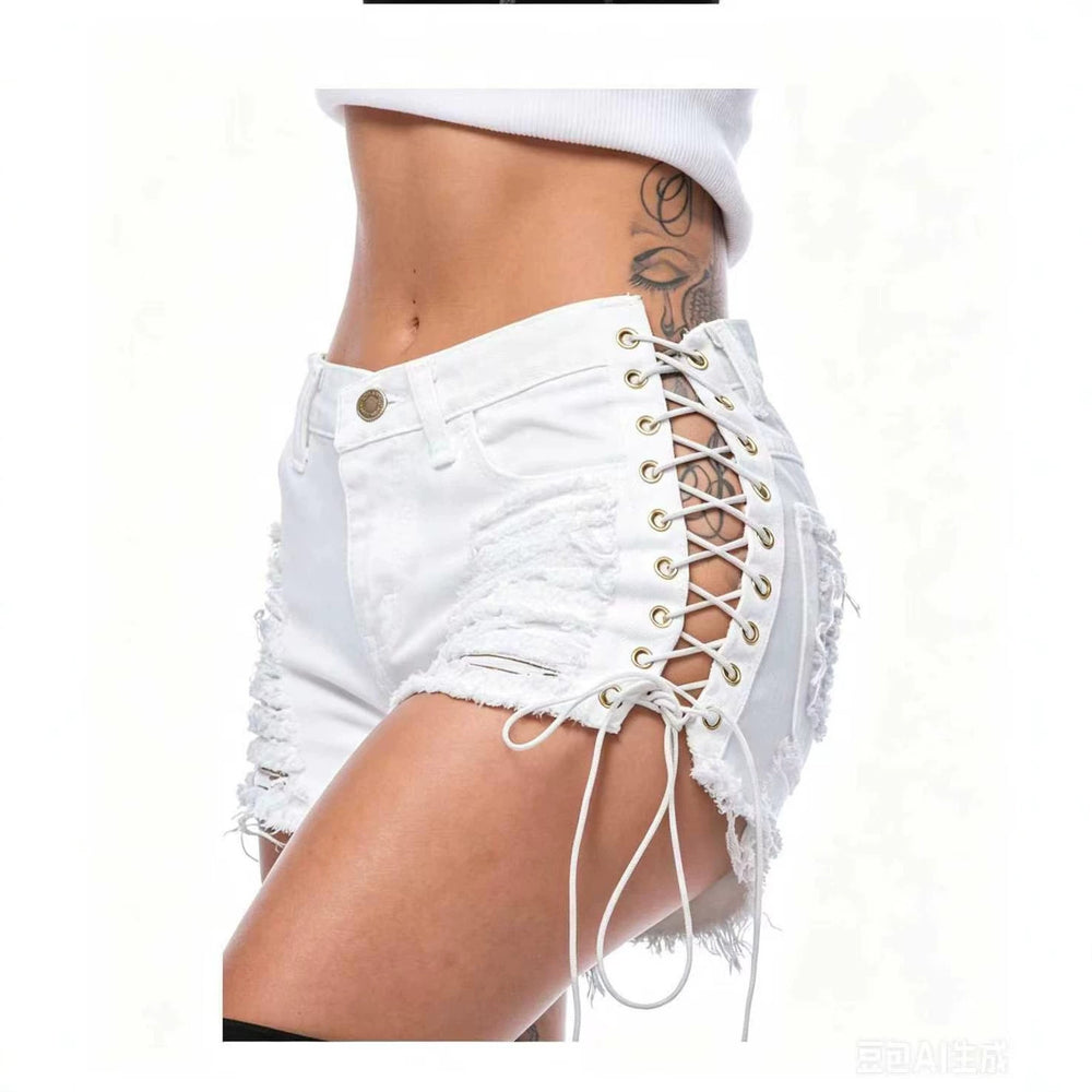White ripped and frayed denim shorts with tie straps, high-waisted hot pants for women, summer style. spicy girl sexy distressed jeans