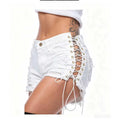 White ripped and frayed denim shorts with tie straps, high-waisted hot pants for women, summer style. spicy girl sexy distressed jeans