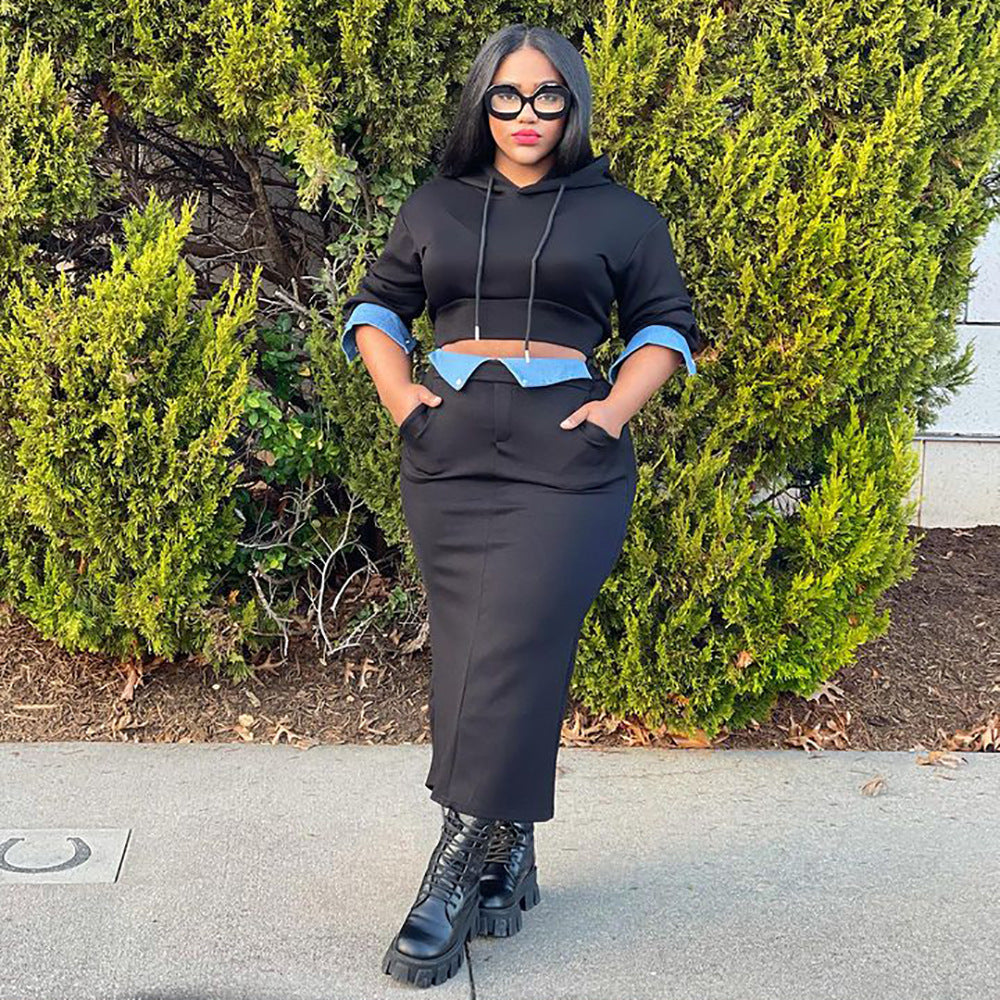 European and american cross-border women's clothing  winter casual hooded long-sleeve sweatshirt denim patchwork slit midi skirt set