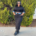 European and american cross-border women's clothing  winter casual hooded long-sleeve sweatshirt denim patchwork slit midi skirt set