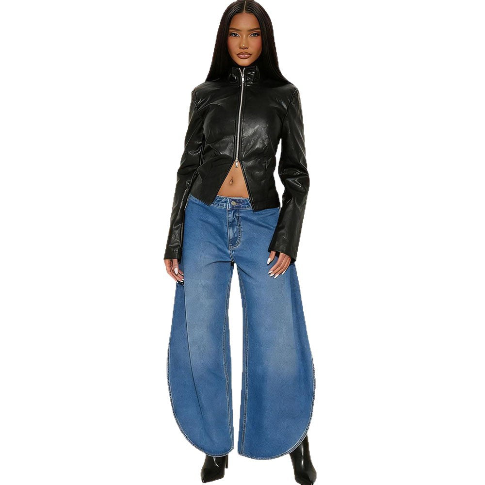 Fashion cross-border new high waist wide leg jeans  foreign trade women's street washed slit scimitar pants