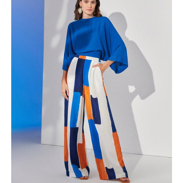 Spot European and American  women's clothing 2024 new temperament loose commuting blue top high waist wide leg pants set