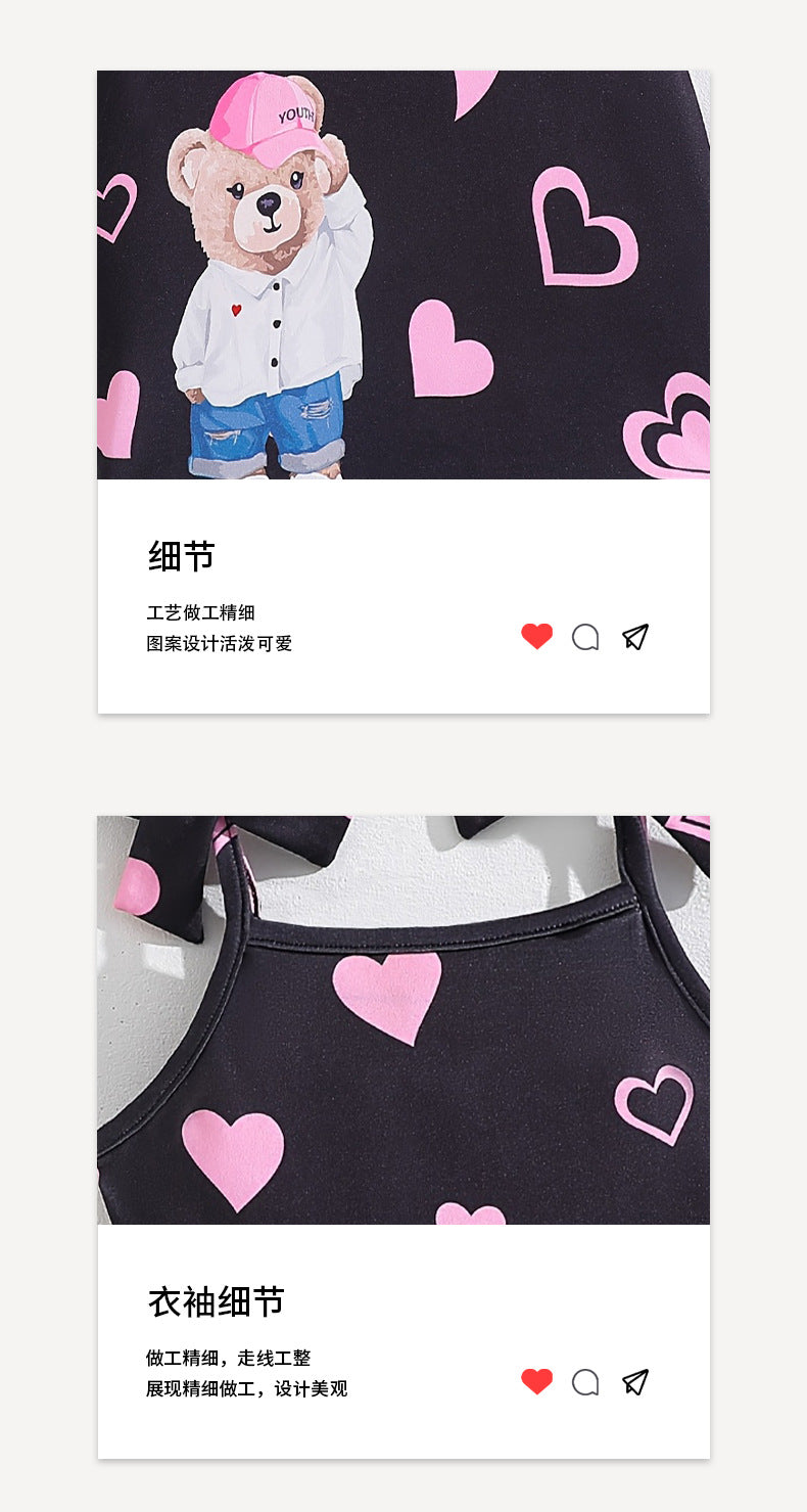 Girls' summer sundress with bow shoulder straps, cartoon bear and heart pattern, cute dress for kids and girls