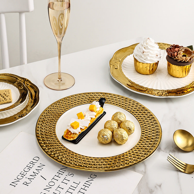 Accessible luxury pastry plate ceramic gold rim western food plate special ceramic steak plate commercial tableware casual model room decoration
