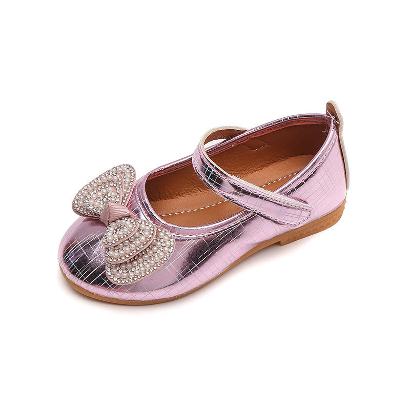 Girls'  spring new bowknot soft sole princess leather shoes for mid-to-large children - wholesale magic tape closure kids' shoes (direct from manufacturer)