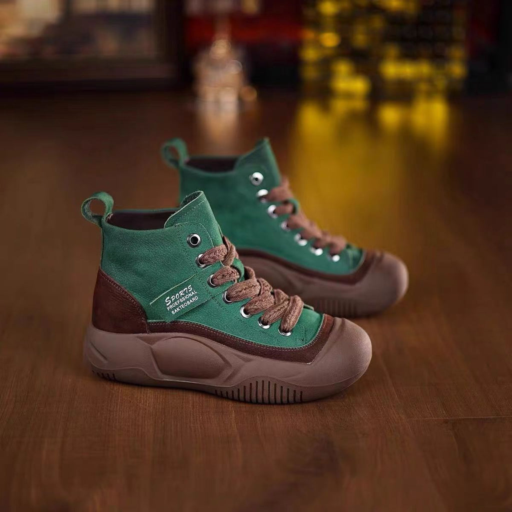 Fashion thick-soled soft leather high-top shoes for women's 2024 autumn new Korean version of versatile soft-soled women's casual sports shoes for women