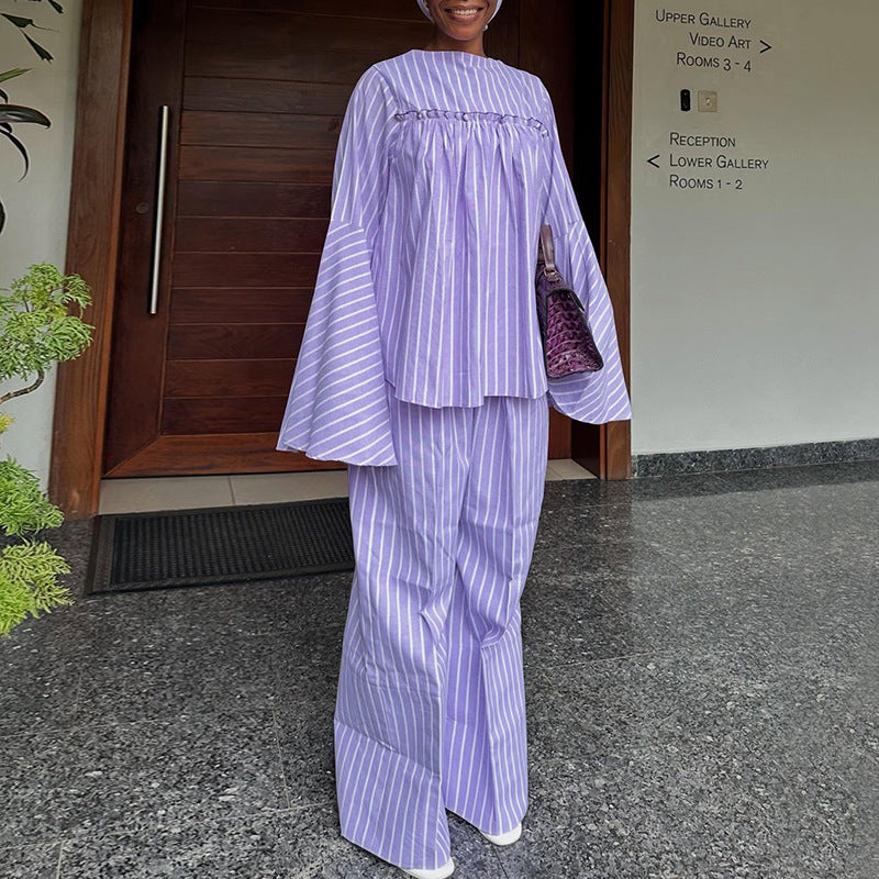 European and american cross-border women's fashion:  autumn new collection - stylish round neck, loose fit, striped long sleeve top and wide leg pants set