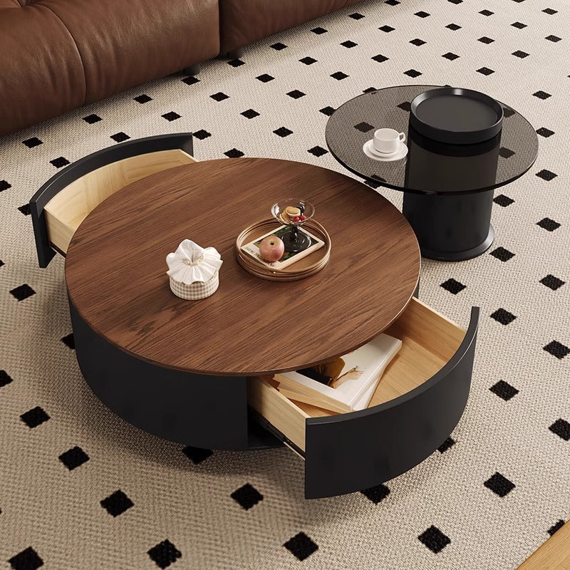 Minimalist mid-century modern round solid wood coffee table for home living room, light luxury small apartment, modern high-end creative combination