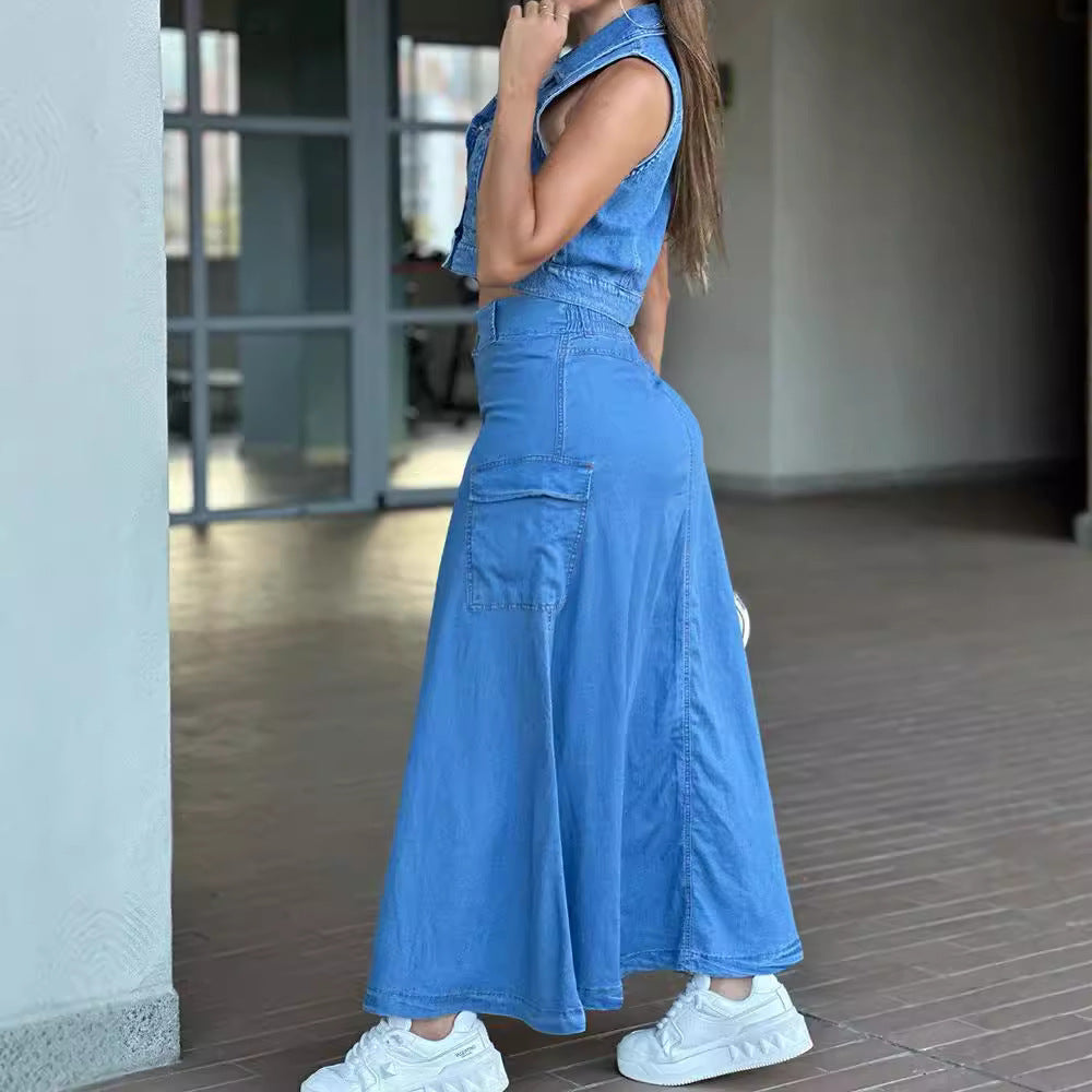 European and american style high-waisted midi skirt -  cross-border fashion women's single-breasted button denim skirt with slit and large pockets