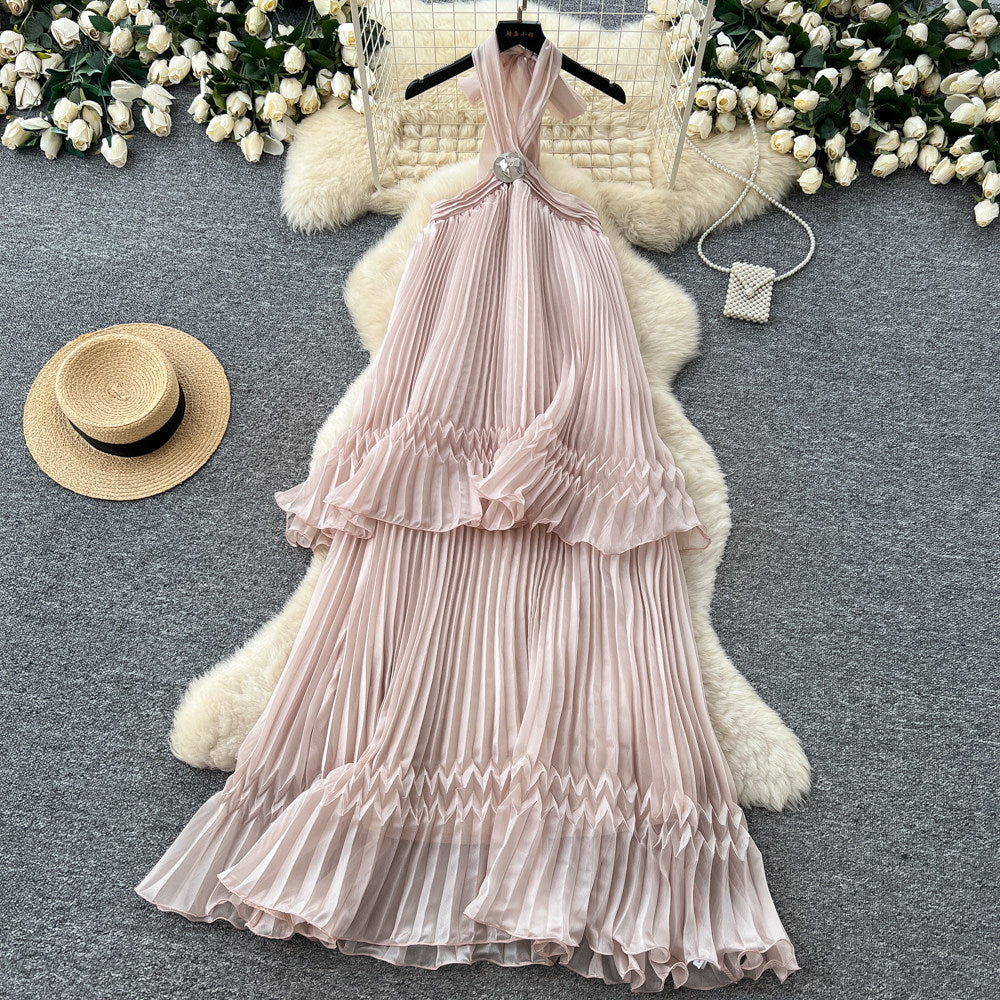 French halter sleeveless backless pleated dress women's summer k-stylehigh waist cake skirt fairy holiday style long skirt