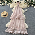 French halter sleeveless backless pleated dress women's summer k-stylehigh waist cake skirt fairy holiday style long skirt