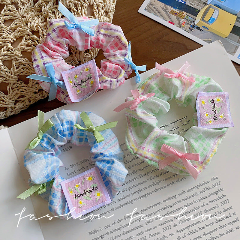 Blue sweet floral bow scrunchie hair tie - wholesale hair bands for ponytails, buns, and updos