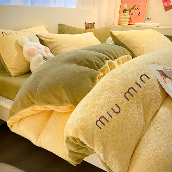 Winter Thickened Warm Class A Maternal and Infant Grade Arctic Fleece and Milk Fleece Four-piece Set Solid Color Embroidery Bed Three-piece Set