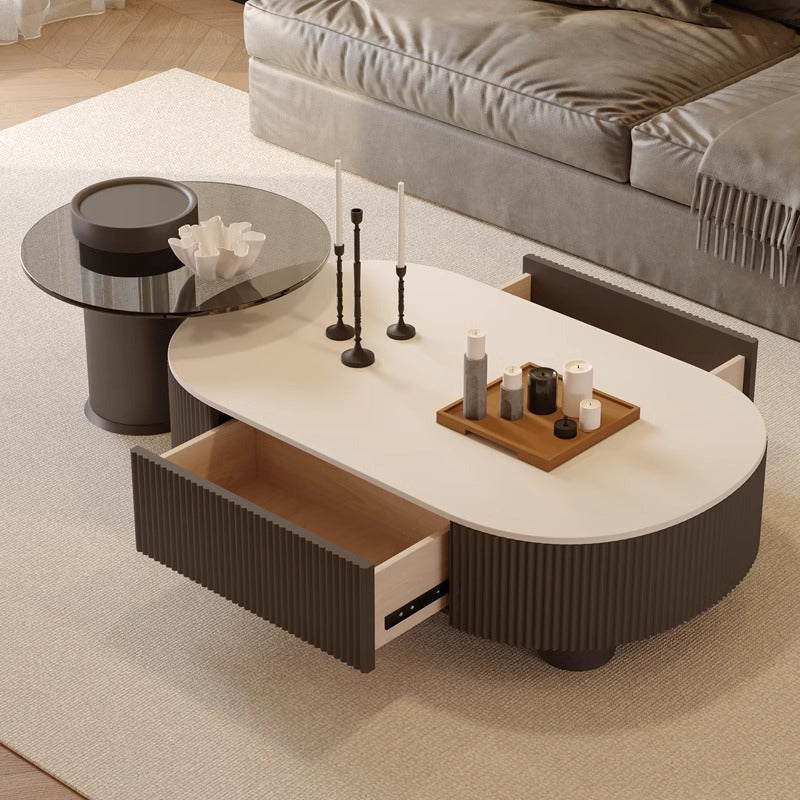 Cream oval rock slab coffee table - new living room design for small spaces, modern minimalist, high-end light luxury with storage