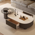 Cream oval rock slab coffee table - new living room design for small spaces, modern minimalist, high-end light luxury with storage