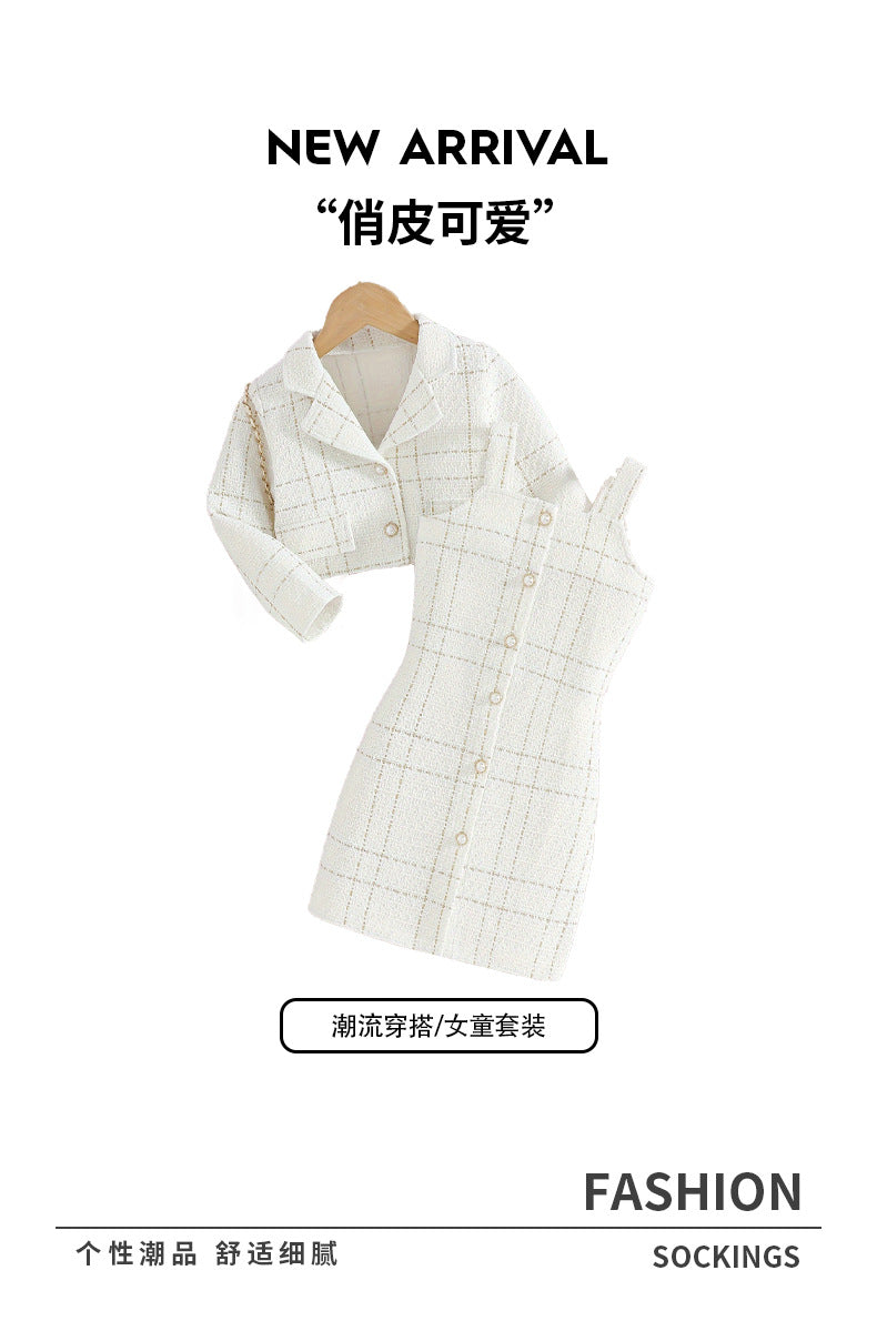 European style tweed girl's camisole set - turn-down collar long sleeve jacket & plaid autumn french two-piece dress