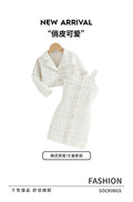European style tweed girl's camisole set - turn-down collar long sleeve jacket & plaid autumn french two-piece dress