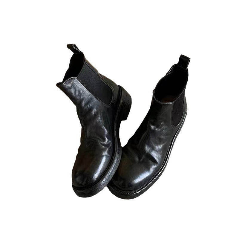 Grape mom fall and winter washed horsehide pleated thick heel boots high heel women's new arrival lightweight thick sole chelsea short boots