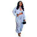European and american cross-border women's fashion:  summer new arrival - stylish blue and white striped shirt, camisole, and jogger pants three-piece set