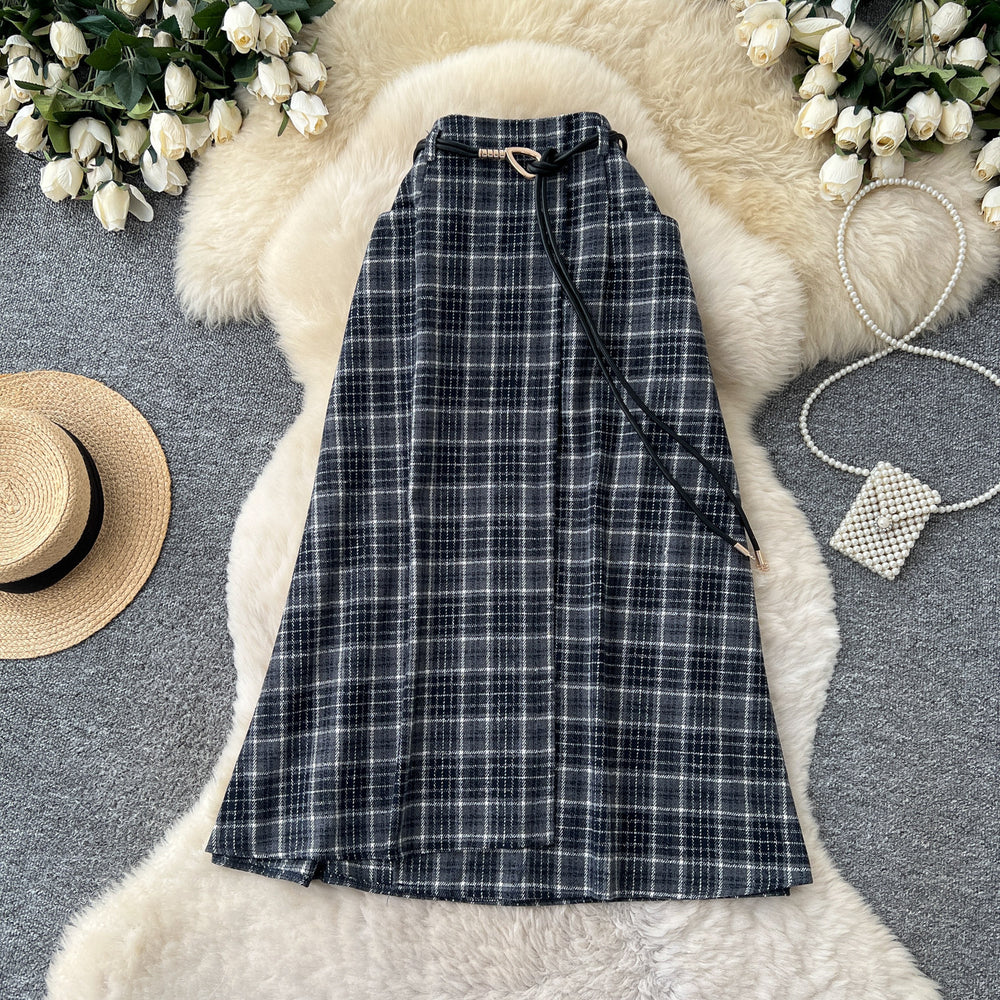 Vintage plaid patchwork a-line midi skirt - women's high-waisted, slimming, commute-friendly, elastic waist skirt - autumn  collection