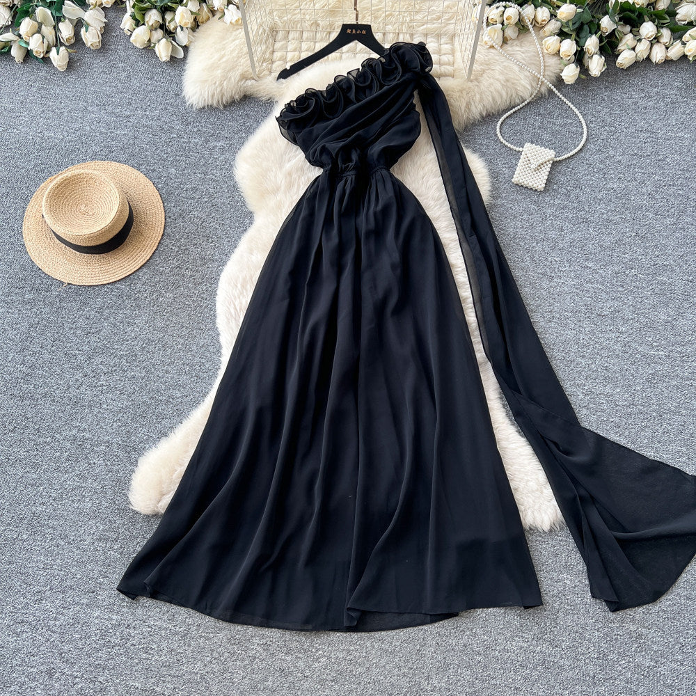 Pure desire red halter dress women's summer slimming look age reduction stereo flower decoration long dress eleganceelegant dress