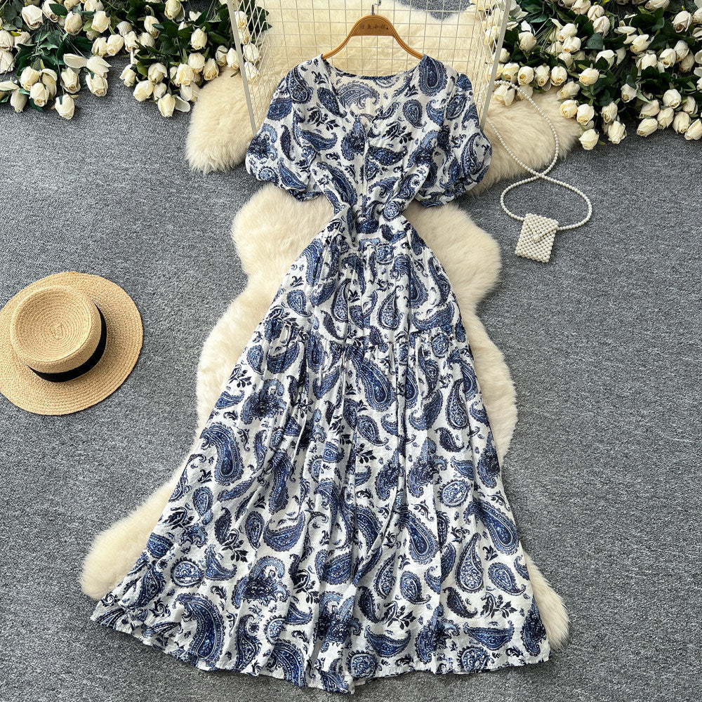 French retro v-neck short sleeve printed dress - women's summer european & american style korean slimming a-line maxi dress