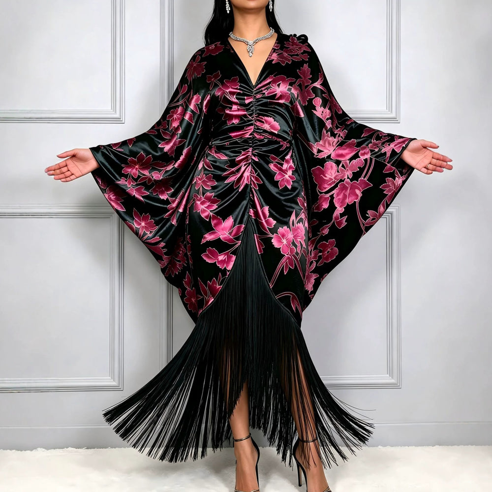 African new print batwing sleeve v-neck dress - printed drawstring waist tassel maxi dress bubudress