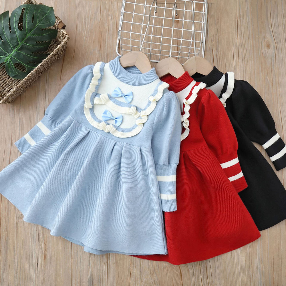fall/winter new girls' knit dress - children's sweater dress with bow detail, sweet princess style