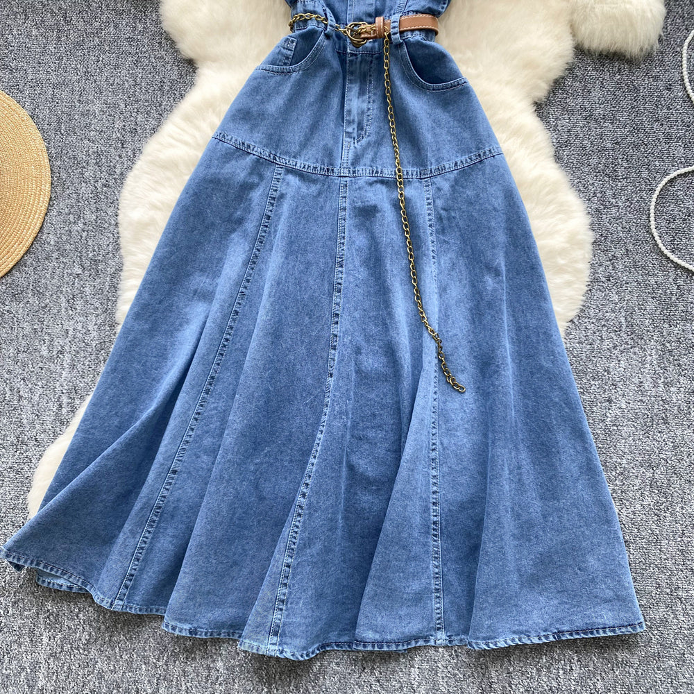 Frenchretrosense of designv neck fungus edge patchwork single breasted waist slimming lookelegant over-the-knee denim dress