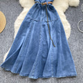 Frenchretrosense of designv neck fungus edge patchwork single breasted waist slimming lookelegant over-the-knee denim dress