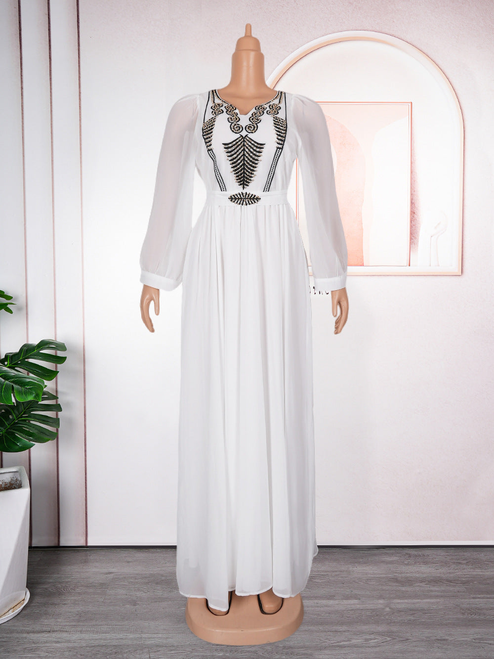 New long-sleeved african plus size women's dress - elegant & chic,  cross-border e-commerce, chiffon v-neck rhinestone embellished dress