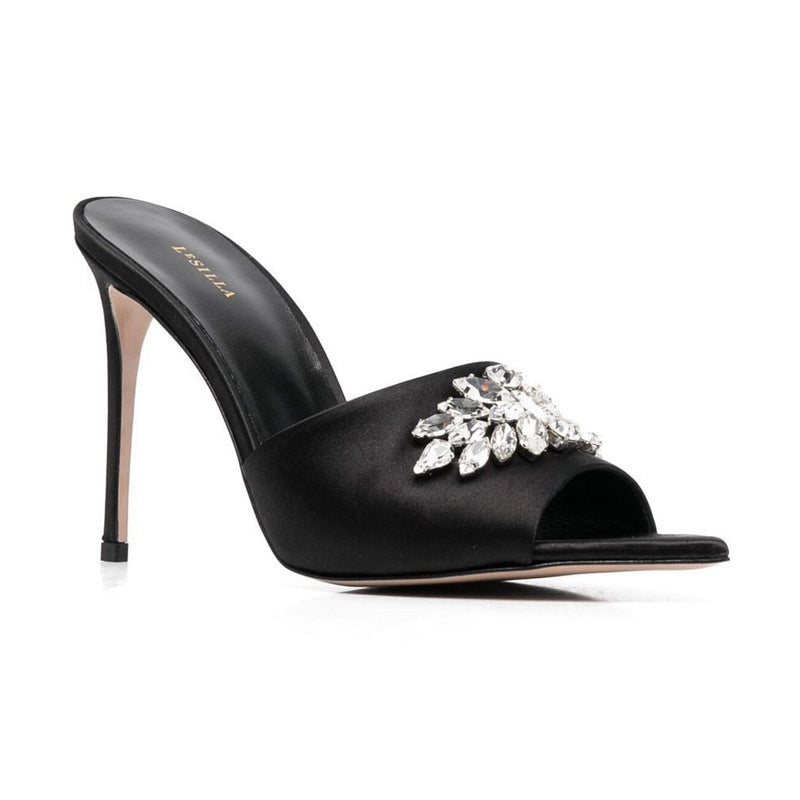Summer european and american rhinestone high heel sandals pointed toe stiletto black high heels slip-on cross-border export ultra high heels