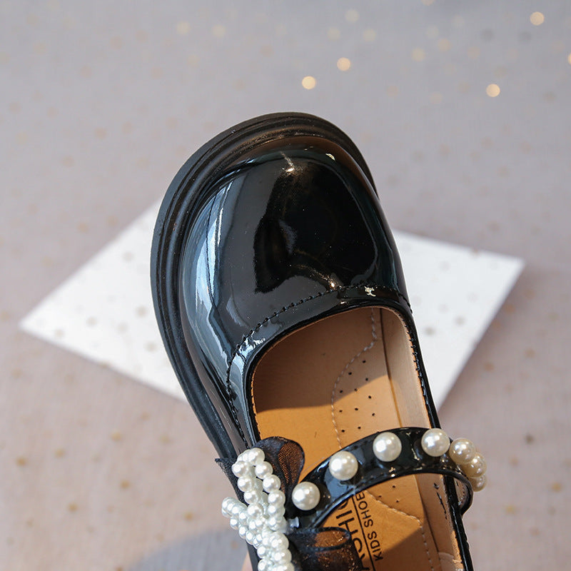 Vancahao kids' black leather shoes -  autumn new collection - girls' fashionable beaded bowknot patent leather princess shoes