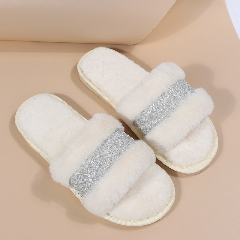 Export one-word fur slippers for girls 2024new arrivalfall and winterfashionflats slippers outwear open toe plus size cotton slippers trendy
