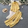 export retro print shirt & high-waisted wide-leg pants two-piece set - women's autumn/spring commute chic casual outfit