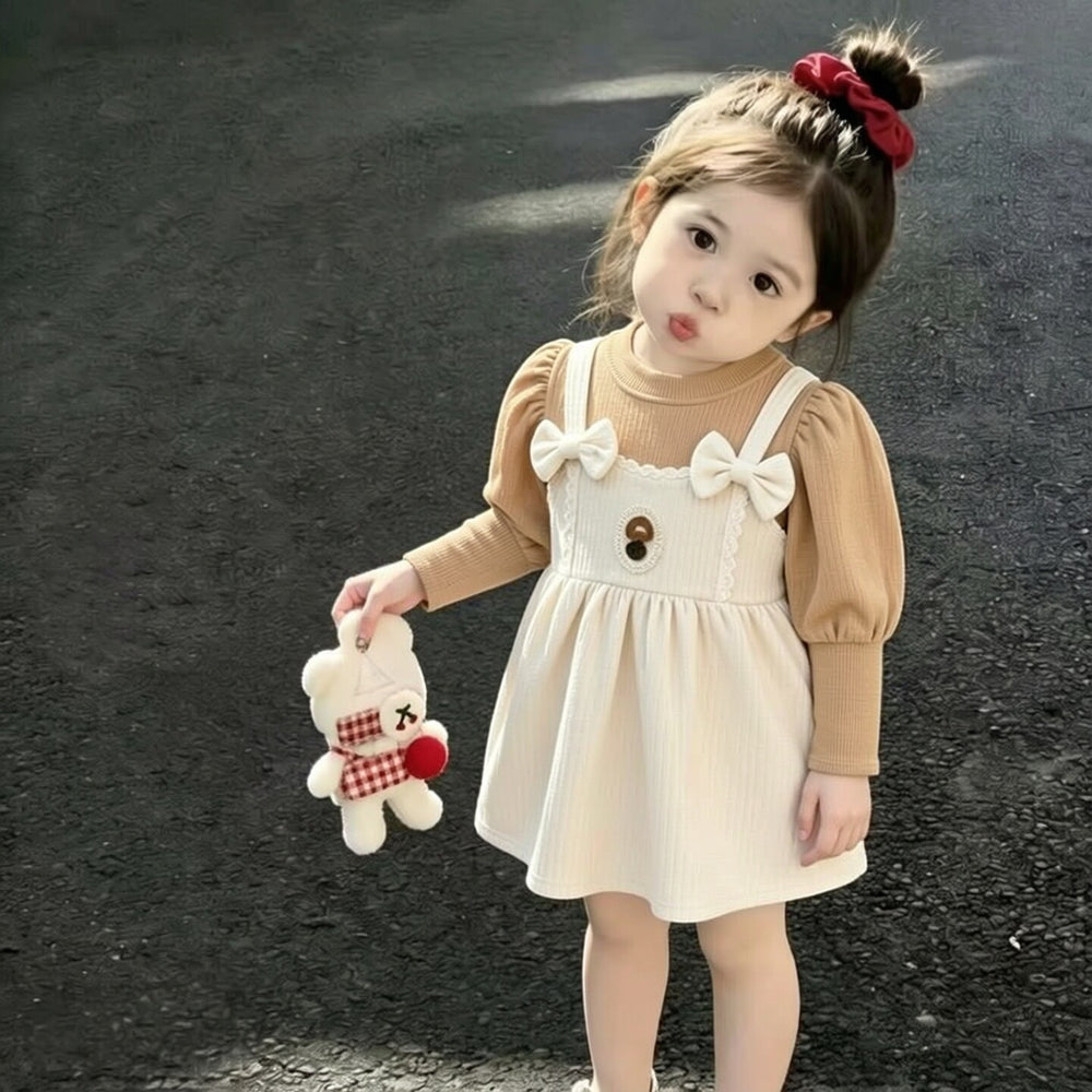 Girlbows suspender dressfake two-piecespring & fall puff sleeve bottom baby gentle bear princess dress