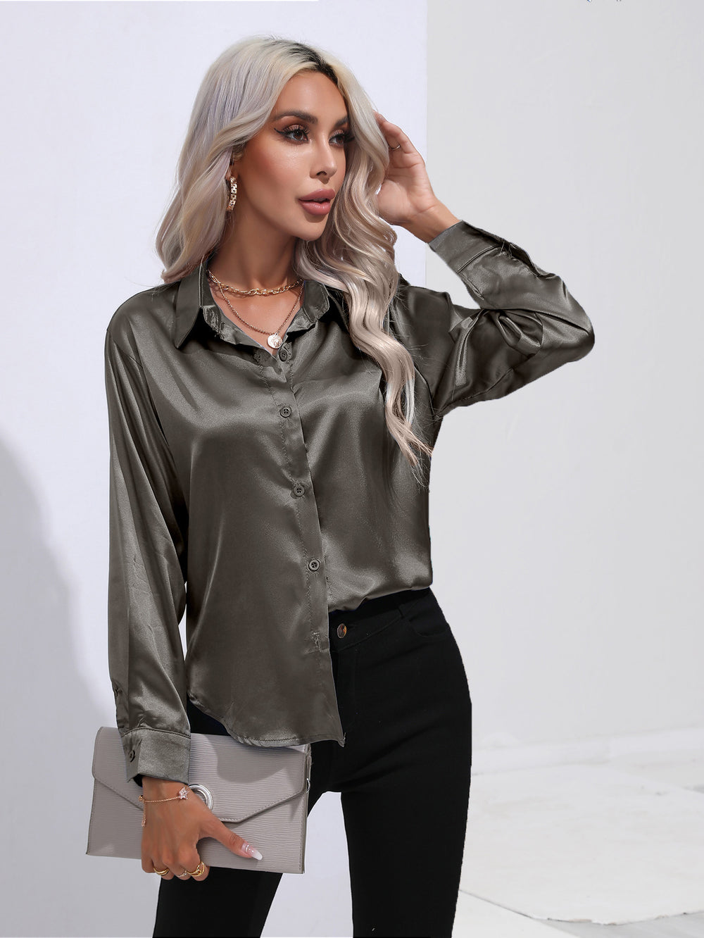 Hot-selling real shot: women's satin shirt - faux silk long sleeve blouse, new spring/summer collection, european & american cross-border women's fashion