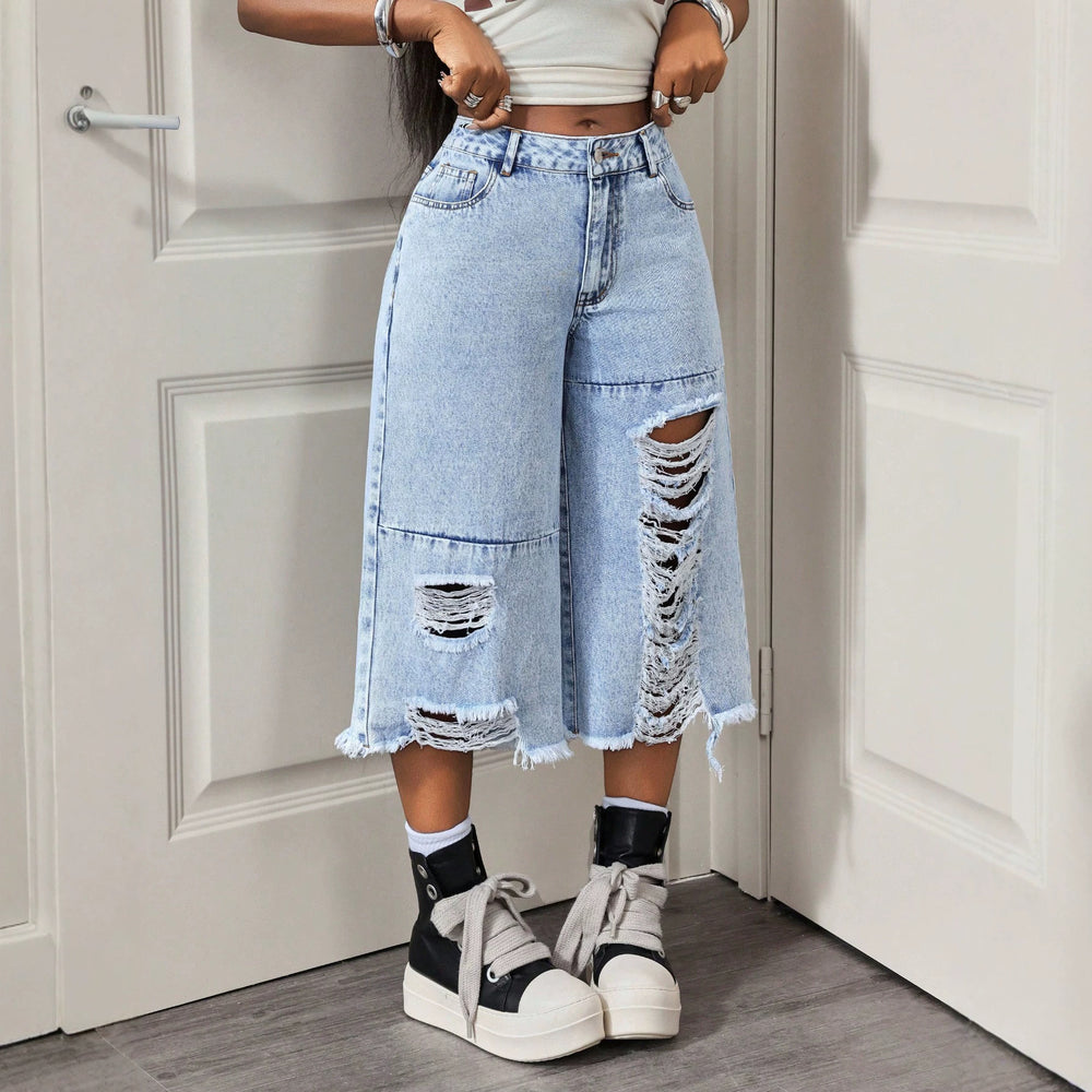 In-stock - 66351#  cross-border fashionable european and american style summer women's denim capri pants