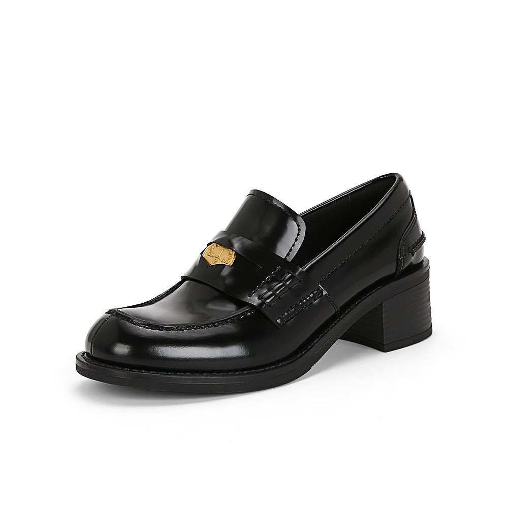 Grape mom's same british style retro women's soft leather round toe small gold coin slip-on thick heel heighteningthick sole loafers